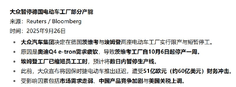大众暂停德国电动车工厂部分产能