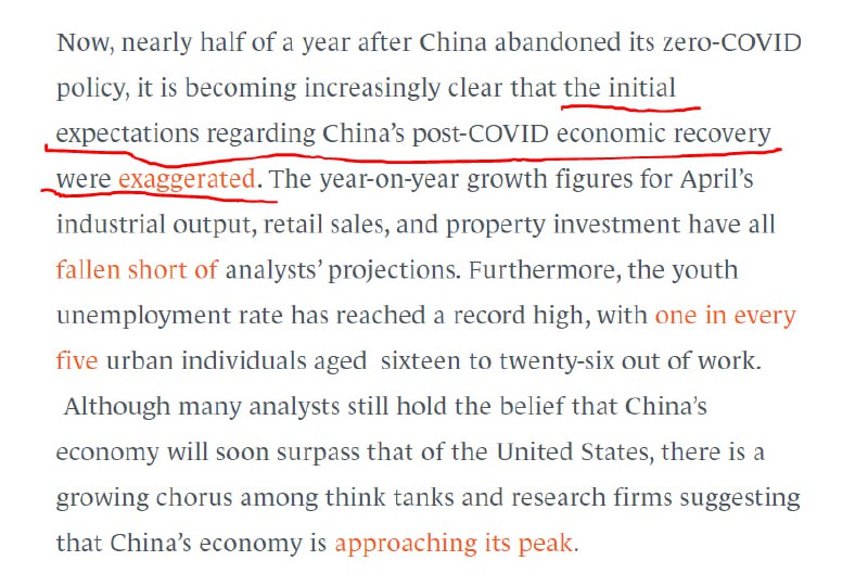 国内外越来越多的观察家意识到了这一点，之前的复苏叙事被明显夸大了，我在去年年底就说过放开产生的复苏只会是物理限制解除下，行为模式变化产生的弱复苏，长期看依然很快就将回归旧趋势，回归漫漫扛鼎路，一季度数据中其实就有很多信号了（比如价格指数继续下降，家庭部门信贷疲弱，民间投资增速持续下降，且与公共部门投资背离继续扩大），4月数据更是急转掉头，除了零售数据中的餐饮还不错，其他大部分数据都大幅低于预期