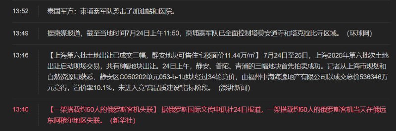 最近半小时内的快讯：泰国和柬埔寨开火互怼，俄罗斯一家客机失联，上海继续安静的卖地