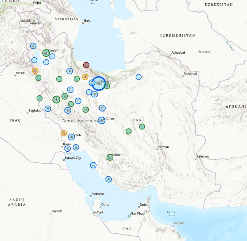 主要攻击事件分布，主要在德黑兰附近和伊朗中西部地区