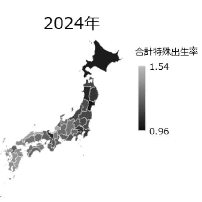 日本人口生育率分布，特征明显，北低南高（相对）