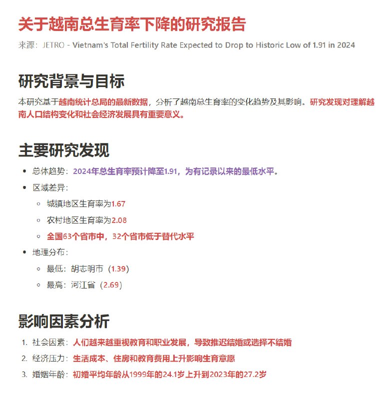 越南2024年总生育率预计降至1.91，为有记录以来的最低水平